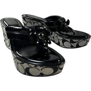 Coach Harley Poppy Gray Black Wedge Sandals Flower strap Preppy Boho Women's 7.5